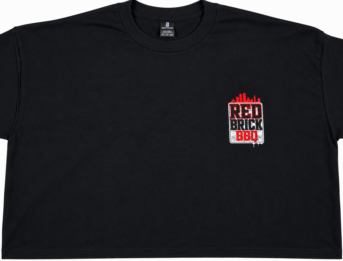 Boston Born Red Brick BBQ tee, front photo — black heavyweight tee with the Red Brick BBQ crest on the chest