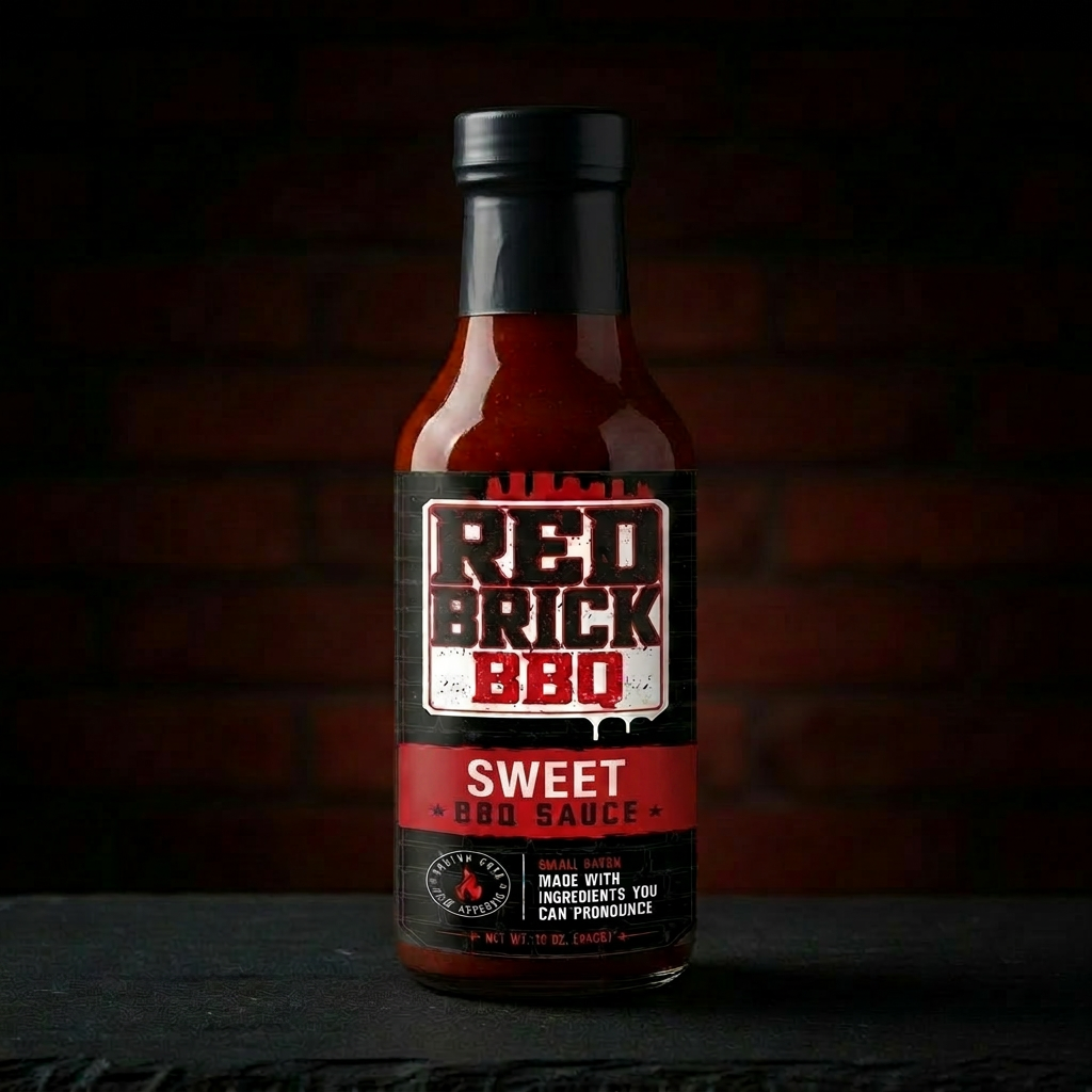 Bottle of Red Brick Sweet BBQ sauce on dark slate with brick backdrop
