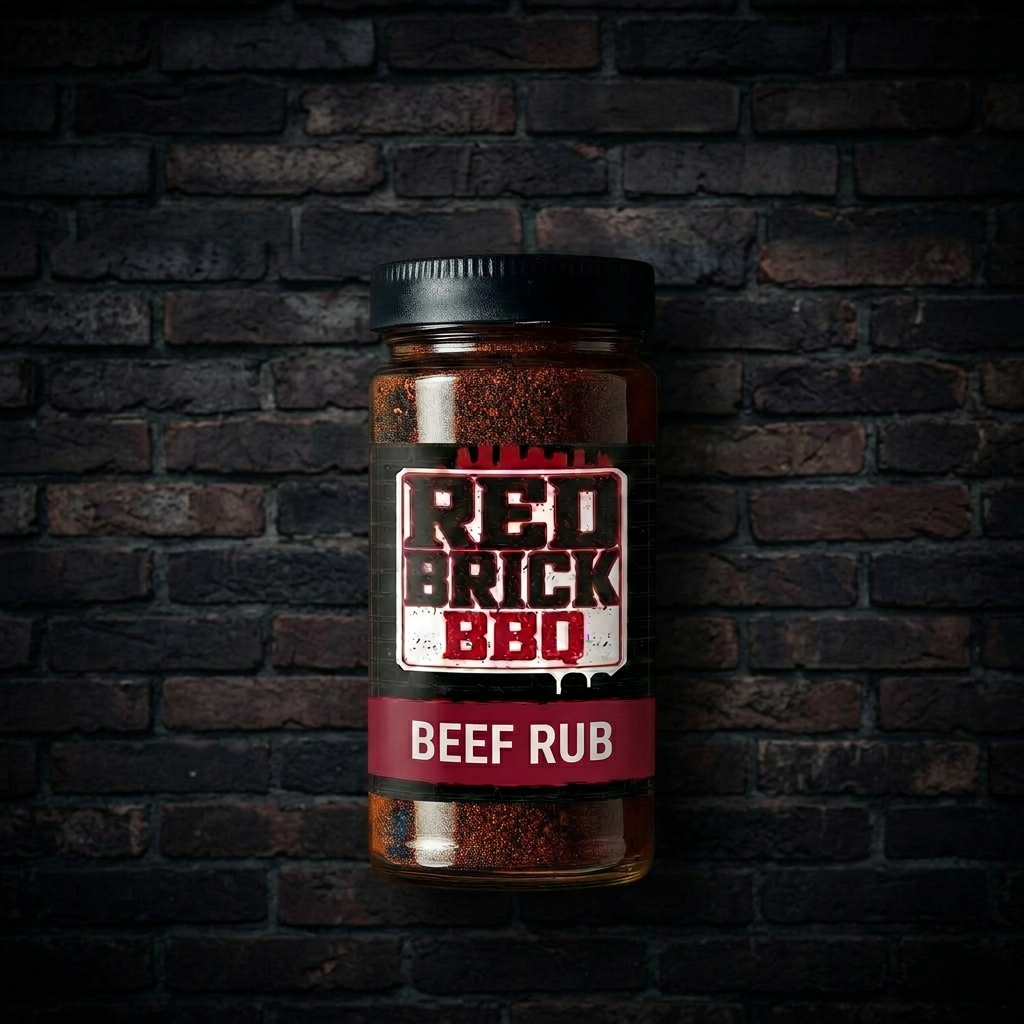 Jar of Red Brick Beef Rub beside a seared steak