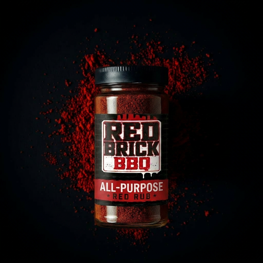Jar of Red Brick All-Purpose Red Rub with paprika scattered around