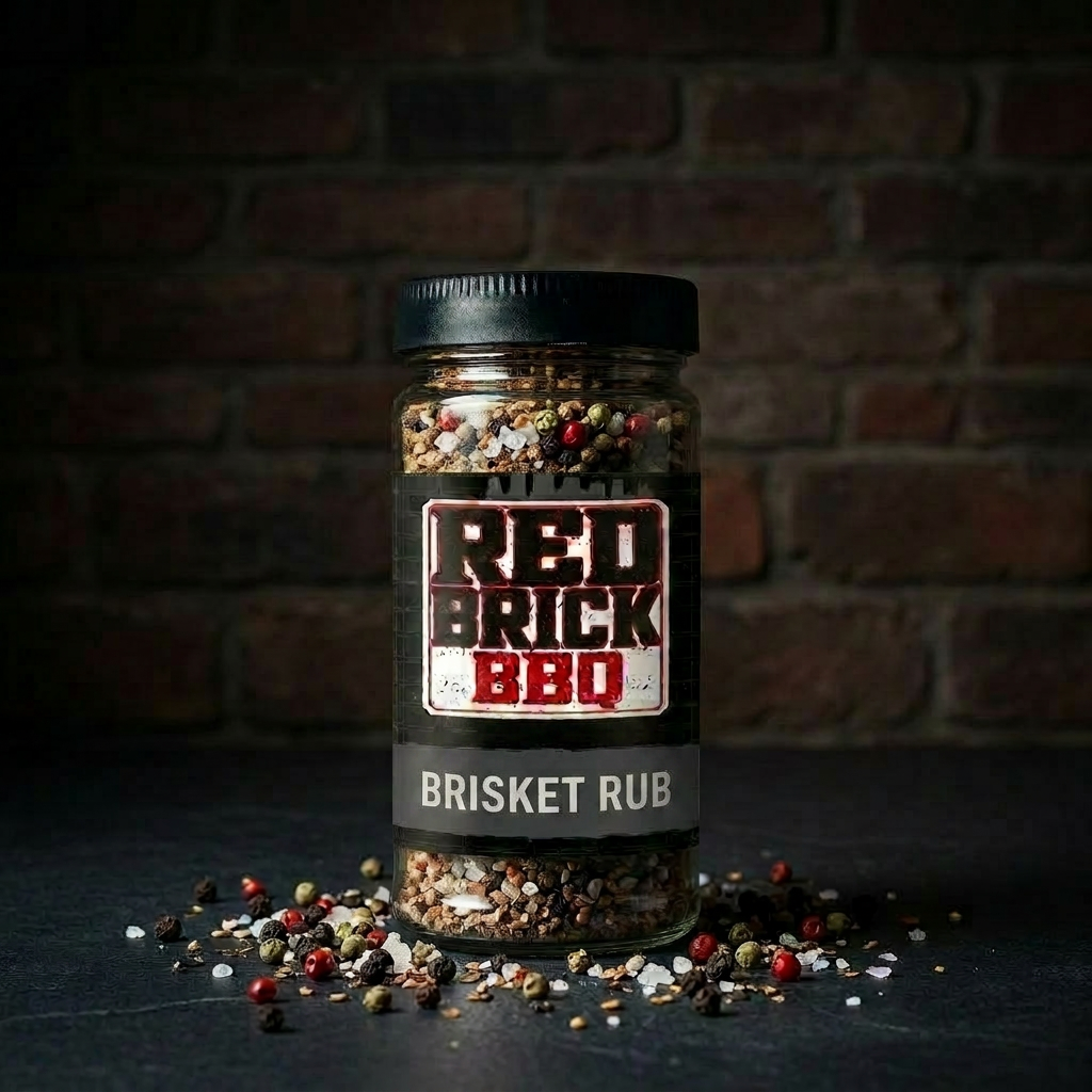 Jar of Red Brick Brisket Rub with cracked pepper and coarse salt