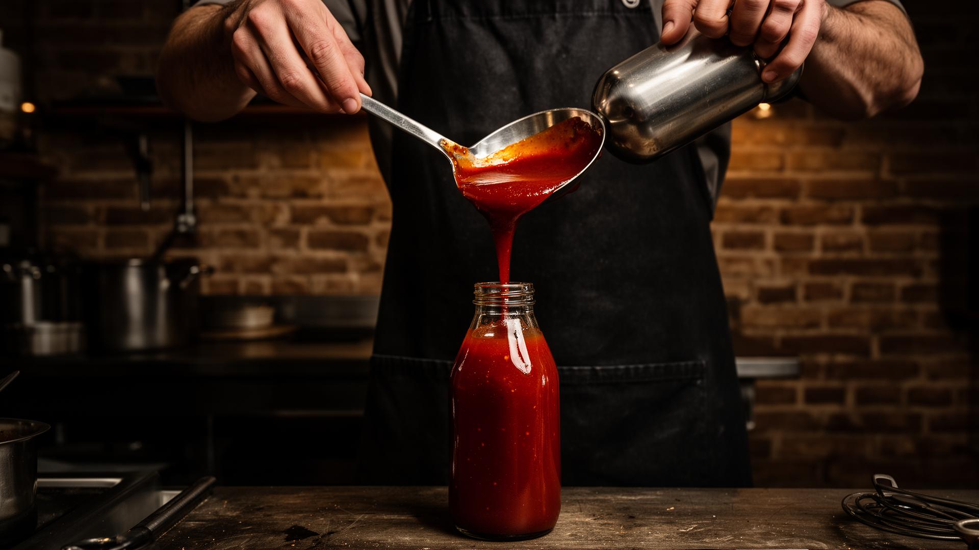 Founder pouring Red Brick sauce into a bottle in a Boston kitchen