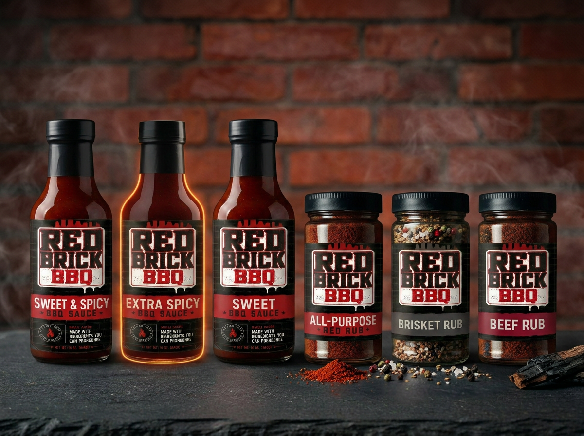All six Red Brick BBQ products — three sauces and three rubs — lined up on slate with a brick wall backdrop